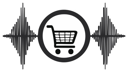 Shopping cart icon inside circle with sound wave graphics on both sides symbolizing audio shopping