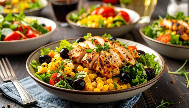 Delicious chicken salad bowls on a dark wooden table