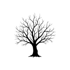 Solitary Bare Tree Silhouette on White Background, Evoking Winter's Stillness for Graphic Design, Nature Illustration, and Symbolic Representations