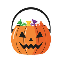 Festive Halloween Pumpkin Bucket Overflowing with Colorful Candies, Perfect for Holiday Decorations, Trick-or-Treating Illustrations, and Seasonal Graphic Designs.
