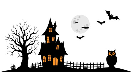 Spooky Halloween Night Silhouette with Haunted House, Bats, and Moonlit Sky. Ideal for seasonal graphics, event invitations, or themed digital designs.