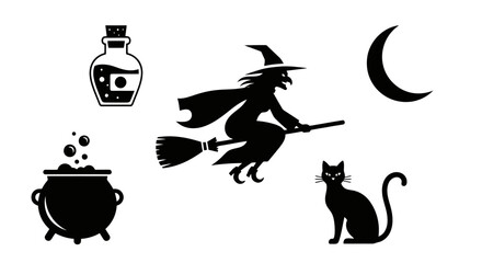 Halloween Silhouette Vector Illustration Featuring Witch on Broom, Potion, Black Cat, Cauldron and Moon. Ideal for Halloween Decorations and Themed Event Designs.