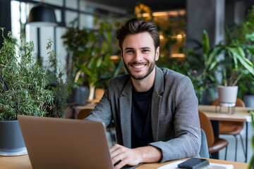 A confident and happy young man smiles directly at the camera. He is sitting at a table with a laptop in a modern