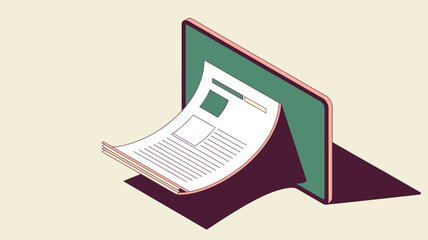 Illustration of a green tablet displaying a stack of white documents with text and graphic elements