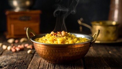 Steaming yellow rice dish in copper bowl