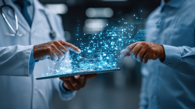 A digital interaction between two professionals showcasing data visualization, highlighting technology's role in healthcare collaboration.