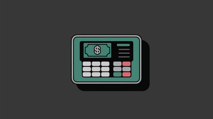 A stylized illustration of a green atm machine with a dollar sign on a dark gray background surface