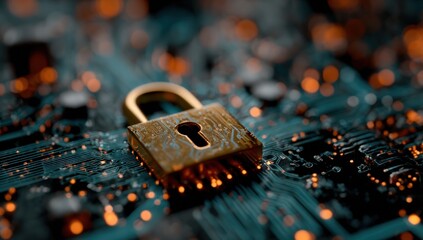 Close-up of a golden padlock on a circuit board with glowing pathways, symbolizing security