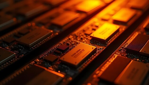 An array of DDR5 RAM modules with heat spreaders, arranged in a pattern, highlighting their design and specifications.