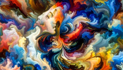 Abstract swirling colors forming human-like shapes