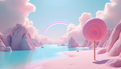 Surreal pastel landscape: a dreamlike beach with sand made of crushed opals, turquoise water, and giant lollipops as rock formations under a rainbow.