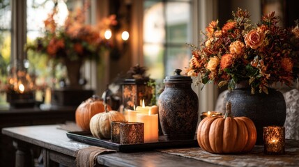 A cozy autumn scene featuring a wooden table adorned with pumpkins, candles, and floral arrangements in warm orange tones. Soft lighting enhances the inviting atmosphere.