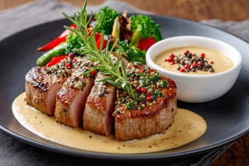 Sliced grilled beef steak with pepper sauce and vegetables decorating a black plate