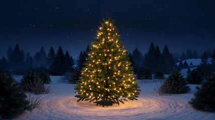 Festive christmas tree illuminated with warm lights in a snowy winter landscape
