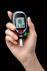 Woman holding glucose meter measuring blood sugar level