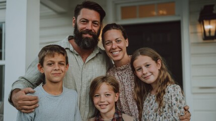 Fototapeta premium A smiling family of four stands together on a porch. The father has a beard, the mother has brown hair, and the children are two boys and a girl, all with light hair.