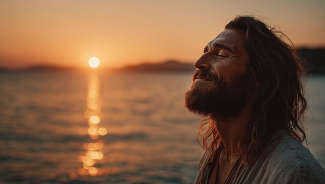 Bearded man smiling with eyes closed, facing sunset over tranquil sea