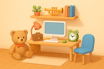 Whimsical Illustration of a Child's Desk with Computer, Teddy Bear, and Toys graphic isolated on a transparent background