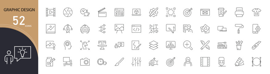 Design thinking icons set with idea, brain, lightbulb, plan, flow, process, strategy, innovation, sketch, and solution symbols. Outline style, perfect for creative and corporate projects.