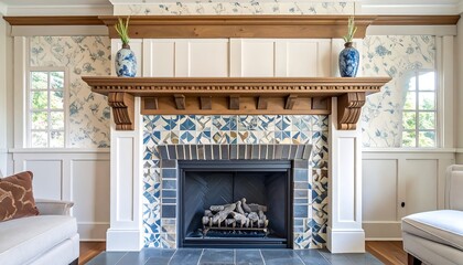 Elegant fireplace with wood mantel