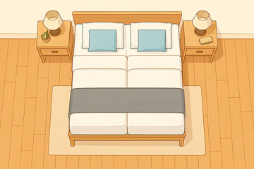 Top View Illustration of a Bedroom with Bed, Nightstands, and Lamps overhead isolated on a transparent background