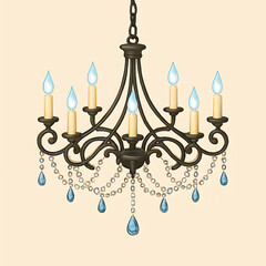 Ornate Black Chandelier with Candle Lights and Blue Crystals graphic isolated on a transparent background