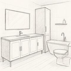Pencil Sketch of a Modern Bathroom with Bathtub Vanity and Toilet pencil drawing isolated on a transparent background