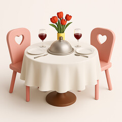 Romantic Dining Table Setting with Two Pink Chairs and Red Tulips date isolated on a transparent background