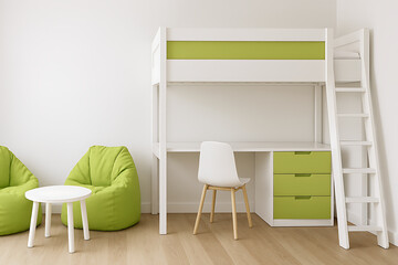Modern Children's Loft Bed with Desk and Beanbag Chairs in a Bright Room bunk bed isolated on a transparent background