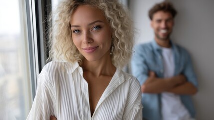Fototapeta premium Confident woman leaning on windowsill beside her joyful partner. 