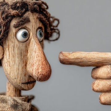 Close-up of a wooden puppet, pointing accusingly