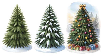 Three decorated christmas trees with presents and snow winter scene