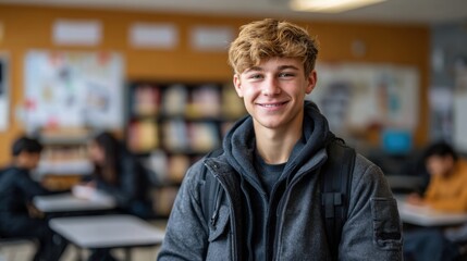 Fototapeta premium A young Caucasian male with blond hair smiles in a classroom. Other students are seated at desks in the background, engaged in various activities.