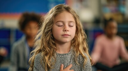A young Caucasian girl with wavy blonde hair sits with her eyes closed, practicing mindfulness in a classroom. Other diverse children are visible in the background.