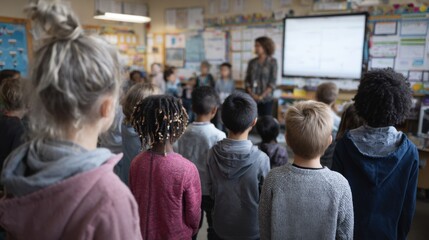 A classroom scene with diverse children listening to a teacher. The children are of various ethnicities, including Caucasian, Black, and Hispanic. The teacher is a woman with brown hair.