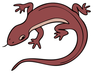 Salamander illustration with tongue hanging out and a curved tail, reptile cartoon image