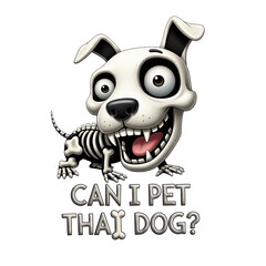 Funny cartoon dog with wide eyes and a huge grin skeleton showing through its body isolated on transparent background