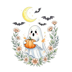 Cute watercolor ghost holding a pumpkin surrounded by flowers and bats under a crescent moon isolated on transparent background