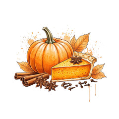 Delicious slice of pumpkin pie with whole pumpkin and autumn leaves isolated on transparent background