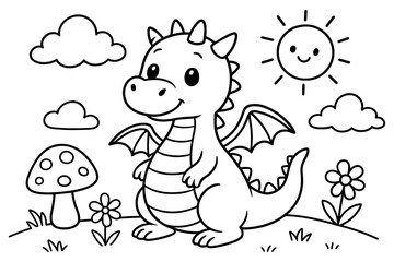 Cute cartoon dragon coloring page. Fun black and white illustration for kids fantasy activity book.