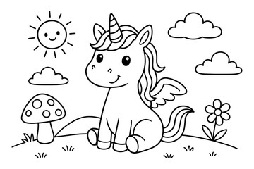 Cute cartoon unicorn coloring page. Fun black and white fantasy illustration for kids activity book.