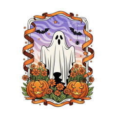 Spooky halloween ghost with pumpkins and bats in a decorative frame isolated on transparent background