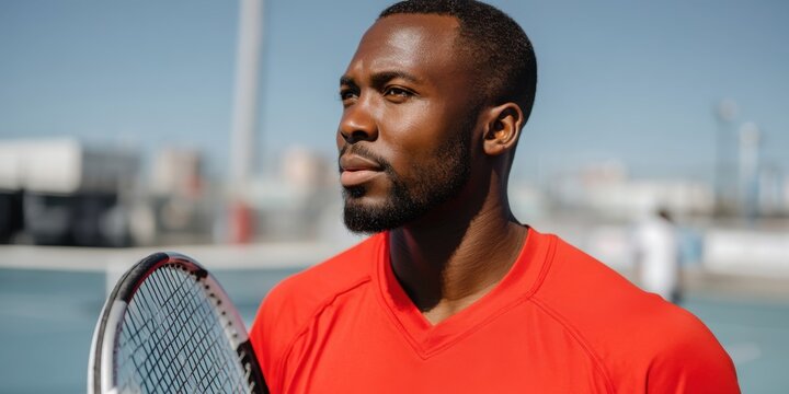 Focused African American male athlete in tennis gear, holding a racket on a hardcourt under a clear sky.