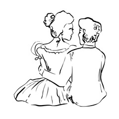 Romantic couple sitting together in embrace. Vector whimsical quickly sketch line art illustration. Perfect for romance book designs, wedding stationery, love prints, Valentine decor, posters, cards.