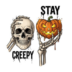 Spooky halloween skeleton hand holding a carved jack o lantern pumpkin next to a human skull isolated on transparent background