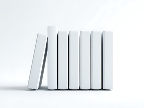 A row of minimalist white books standing upright against a pure white backdrop suggesting a blank canvas for knowledge and learning possibilities