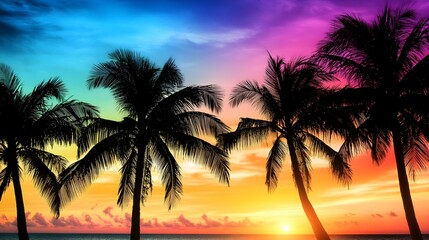 Obraz premium Silhouettes of palm trees against a vibrant tropical sunset