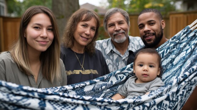 Happy Indigenous family with baby and grandparents enjoying backyard hammock. - Powered by Adobe