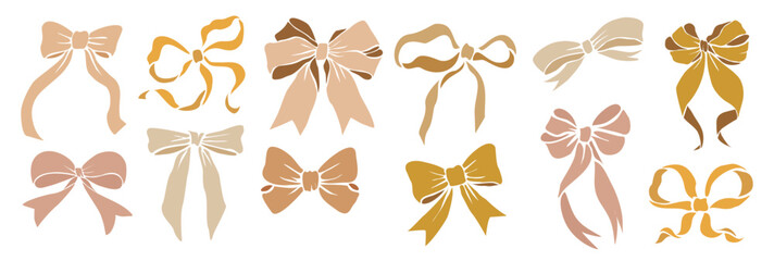 Gold decorative ribbon bows set. Holiday sign collection. Ribbon symbol, accessory logo, cut files. Vector outline illustrations isolated on transparent background.