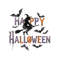 Spooky happy halloween text with flying bats and pumpkin jack o lantern isolated on transparent background